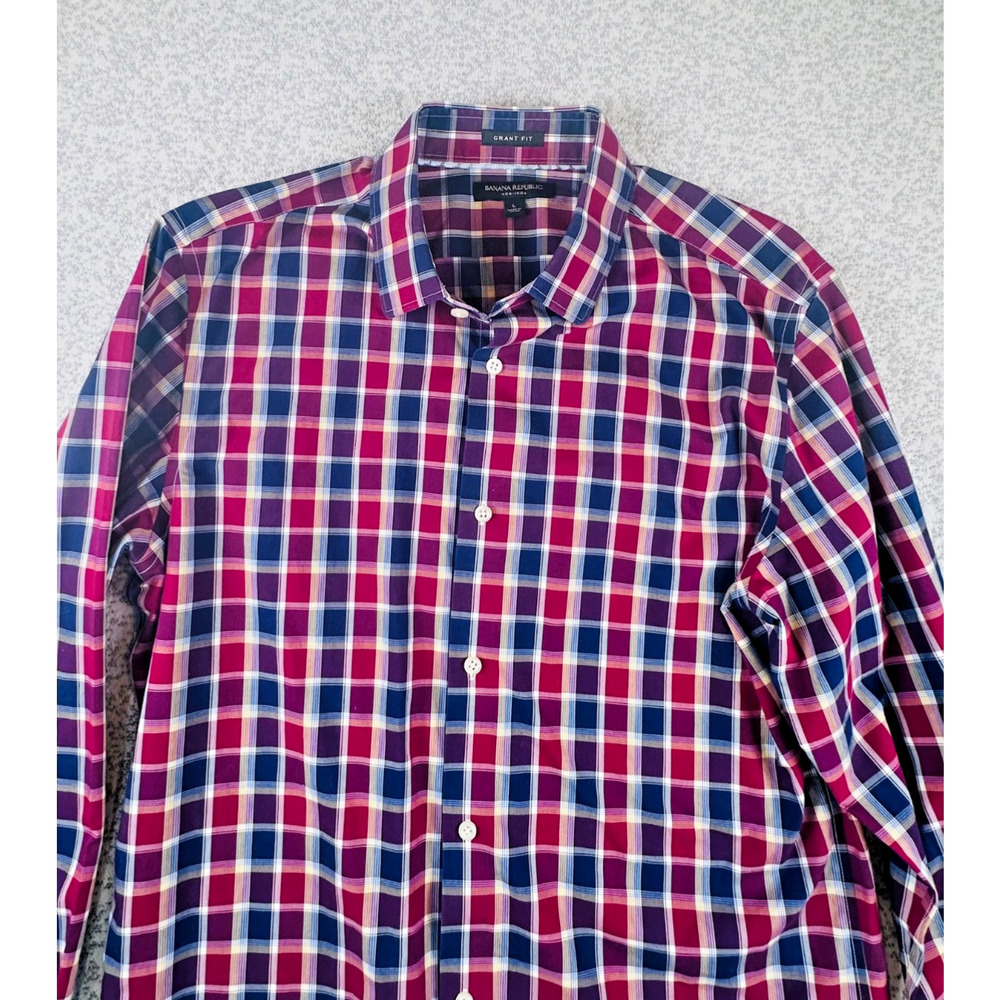 Banana Republic Mens L Grant Fit Non-Iron Dress Shirt Red Blue Plaid L 16-16.5